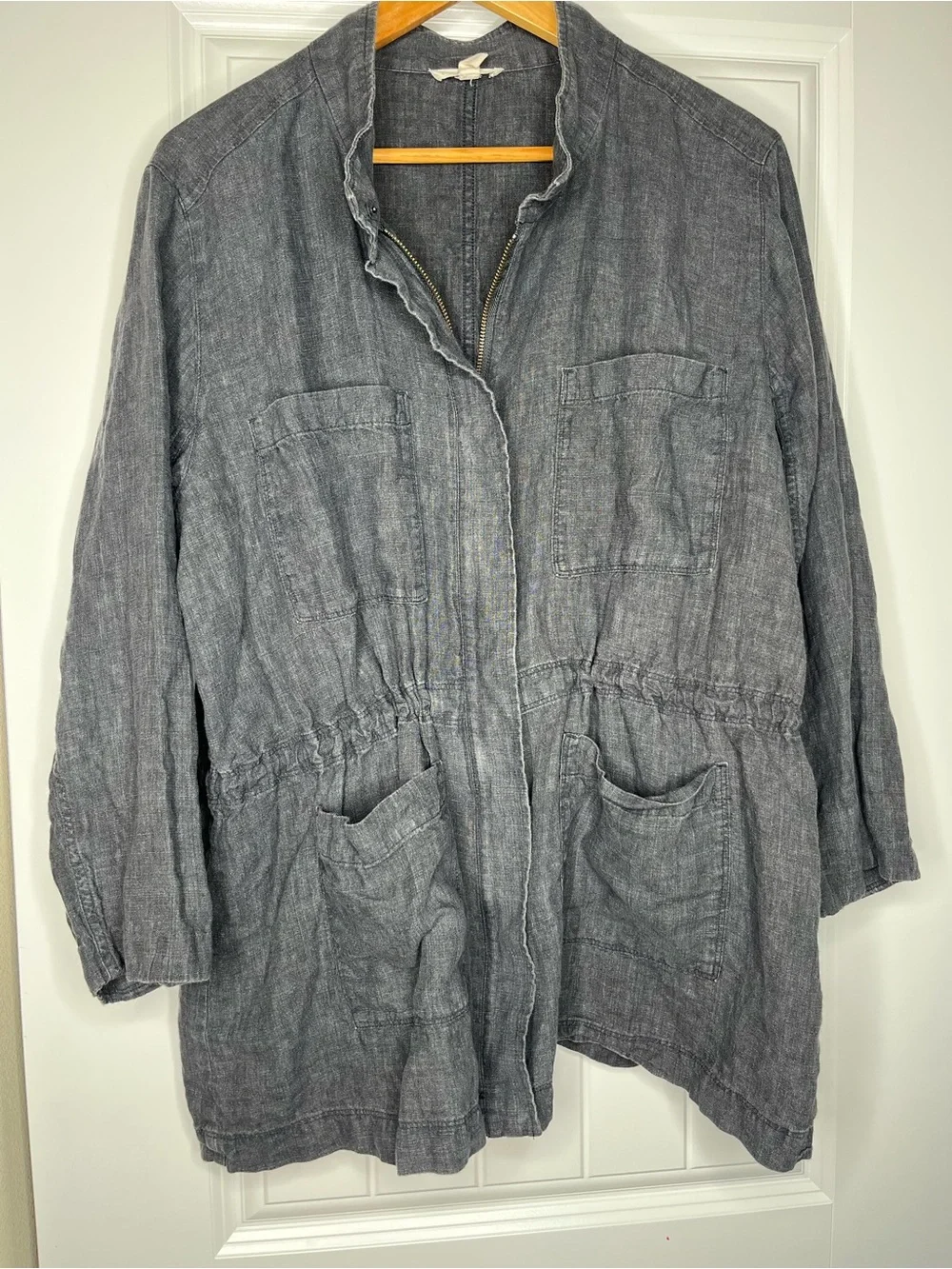 Eileen Fisher Washed Organic Linen Délavé Stand Collar Jacket Womens Large Gray